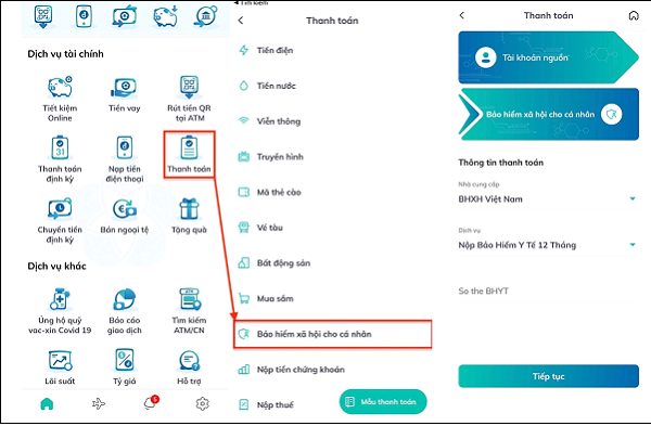 Hướng dẫn đóng tiếp BHXH tự nguyện, gia hạn thẻ BHYT qua ứng dụng trực tuyến của ngân hàng