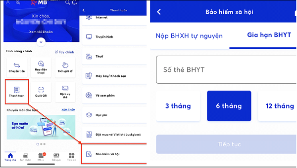 Hướng dẫn đóng tiếp BHXH tự nguyện, gia hạn thẻ BHYT qua ứng dụng trực tuyến của ngân hàng